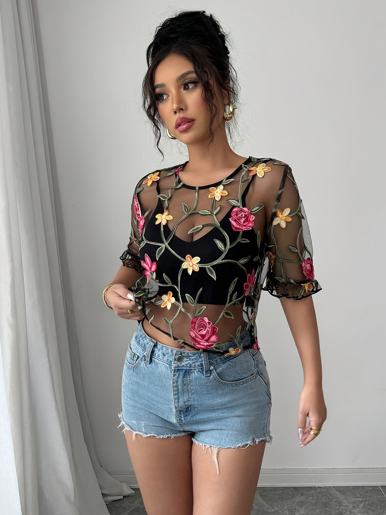 Bordado Blusa Transparente De Flores Blusa Transparente Verano - Main Image