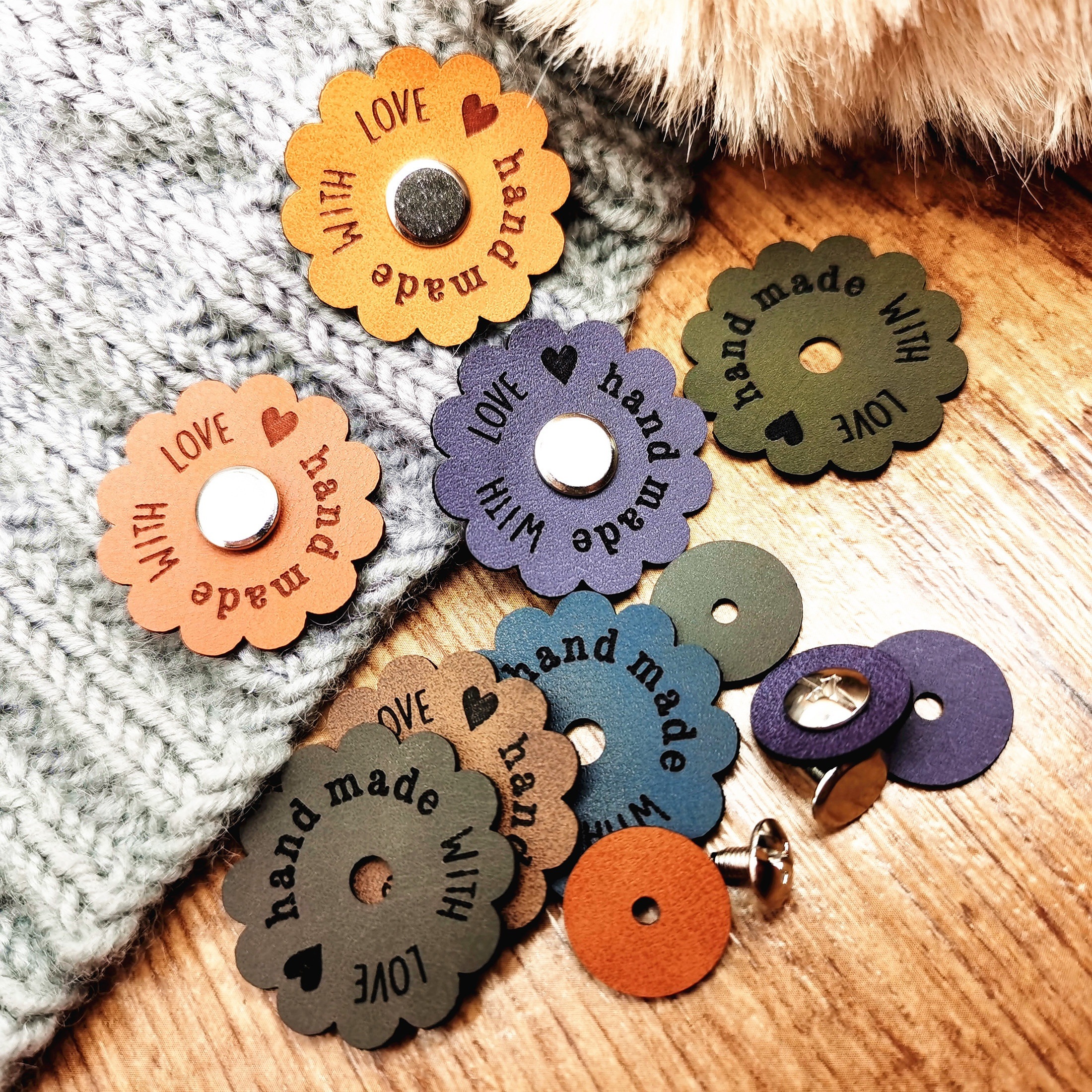 

Handmade with Love Faux Leather Tags, Set of 10 Flower-Shaped Labels with 10 Sets of Rivets for Crafts and Custom Creations