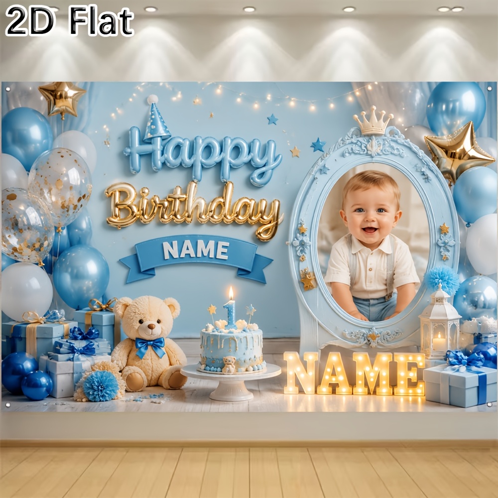 TEMU 2d Flat, 1pc 2d Flat Printing Party Banner Custom Party Banner Backdrop Customized With Your Own Photo And Name For Blue Themed Boy' Birthday