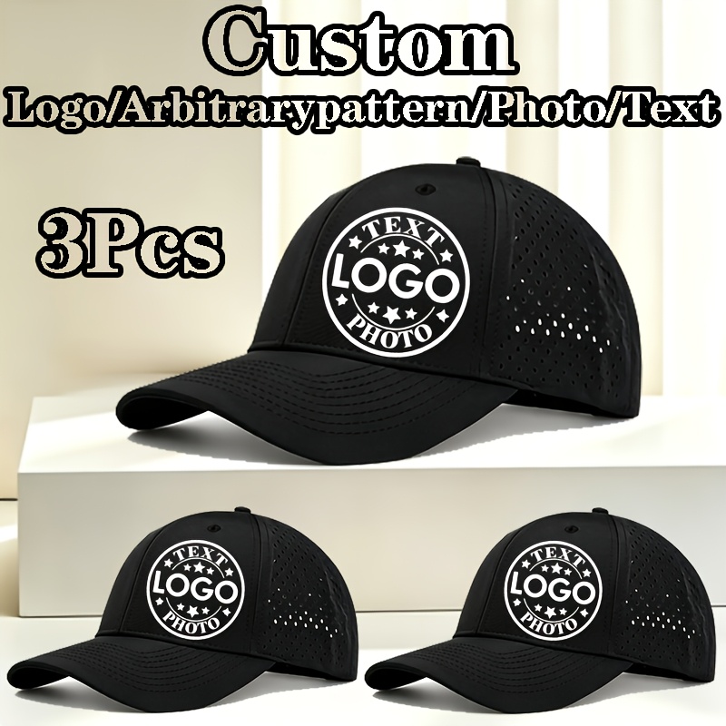 TEMU 3pcs Custom Embroidered Baseball Caps, Diy Hat Design, Support Custom Logo, Photo, Text And Pattern; Unisex Laser Cut Breathable Sports Trucker