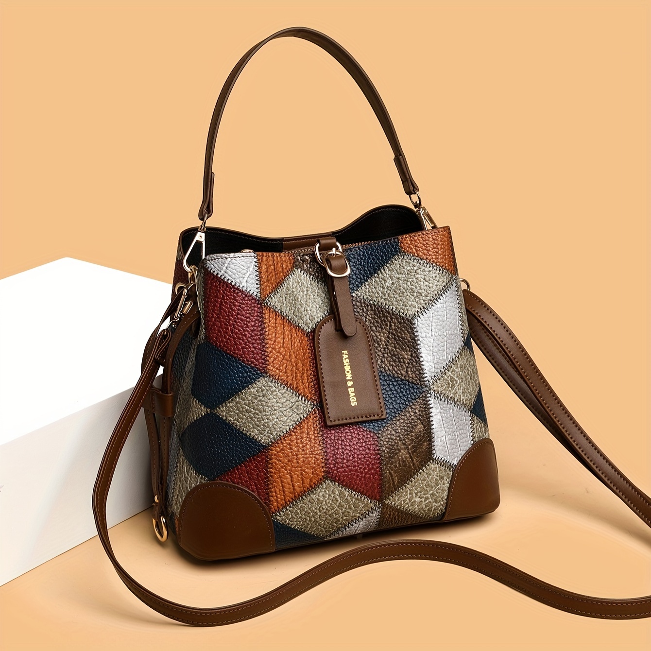 

Elegant Women's Bucket Handbag With Geometric Pattern, Multicolor Patchwork Shoulder Bag, Crossbody Purse With Multiple Compartments
