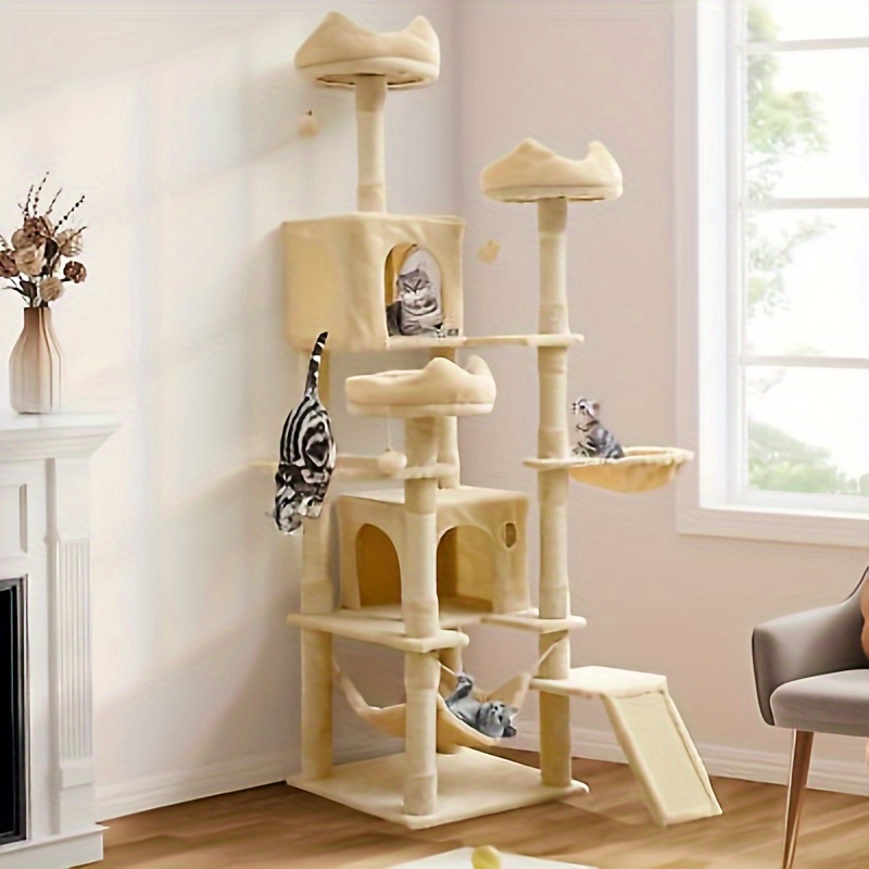 

Outdoorvibe Tall Cat Tree For Indoor Cats, 75 Inches Multi- Level Cat Tower With Sisal Scratching Posts & Ramp, Plush Perches, Hammock, Spacious Condos, Cat Activity Center For Kittens, Beige