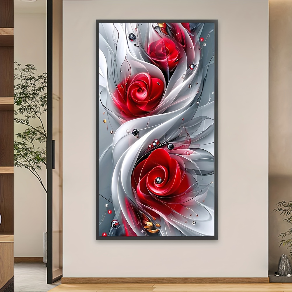 

5d Art Diamond Painting Kit: Vibrant Red Roses, 1pc, 15.74x27.5in, Circular Diamonds, Oil Canvas, Perfect For Home Decor And Gifts