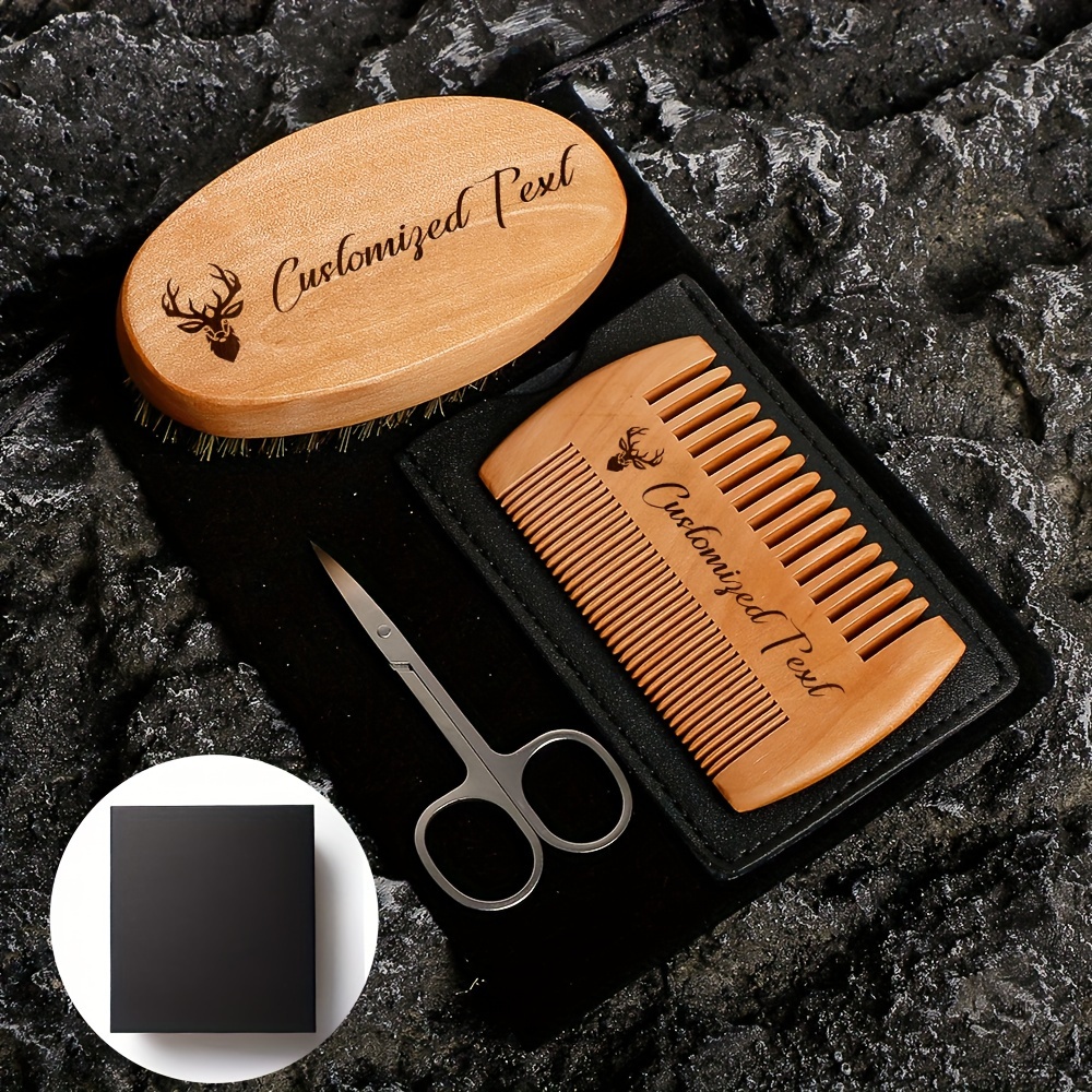 TEMU A Set Of 6 Personalized Men's Beard Brush And Comb Gift Box, Featuring A Creative Wooden Beard Brush, Comb, And Scissors. Birthday Gifts,