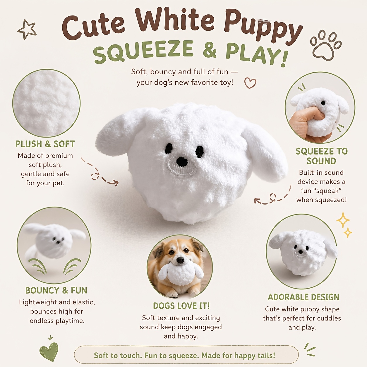 Bear Squeaky Bouncing Dog Toy Ball, Soft Plush Chew Toy