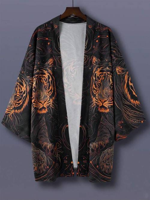 item picture mens retro print kimono style cardigan shirt 100 polyester lightweight loose collarless design tiger print spring summer autumn shawl machine washable fashion gift seasonal trend durable construction stylish cover chinese size