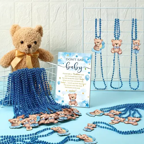 51pcs dont say baby shower game supplies wooden baby shower sign and 50 necklaces for gender reveal party decor blue bear