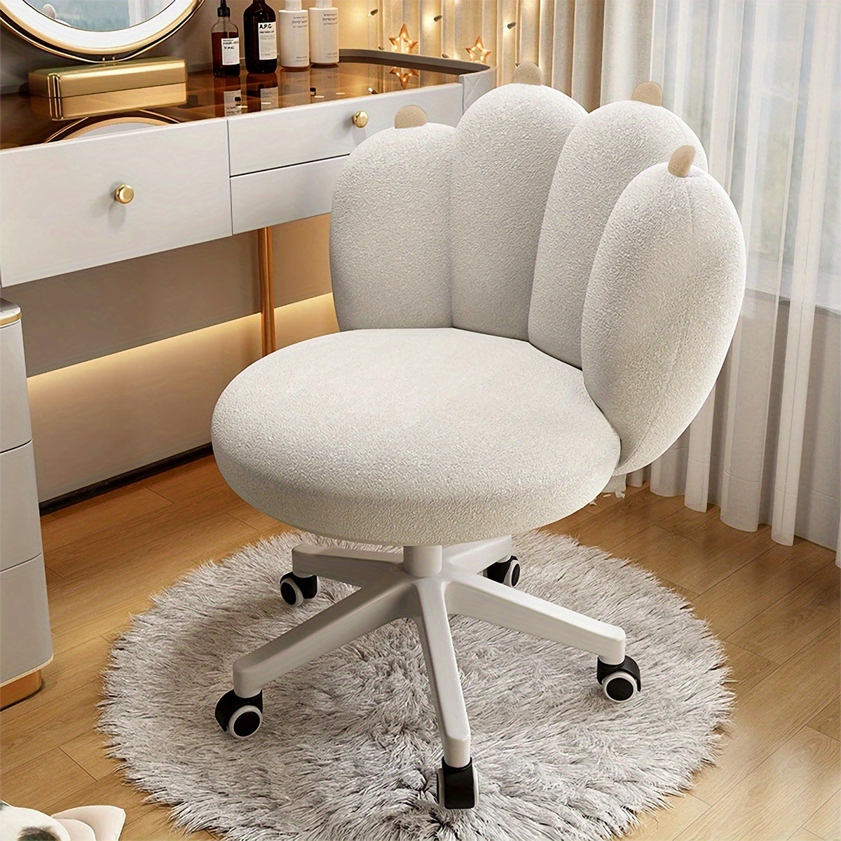 Plush Teddy Fabric Office Chair With Cat Paw Design, Featuring Adjustable Height And A Comfortable Foam Cushion, Perfect For Home Office Use