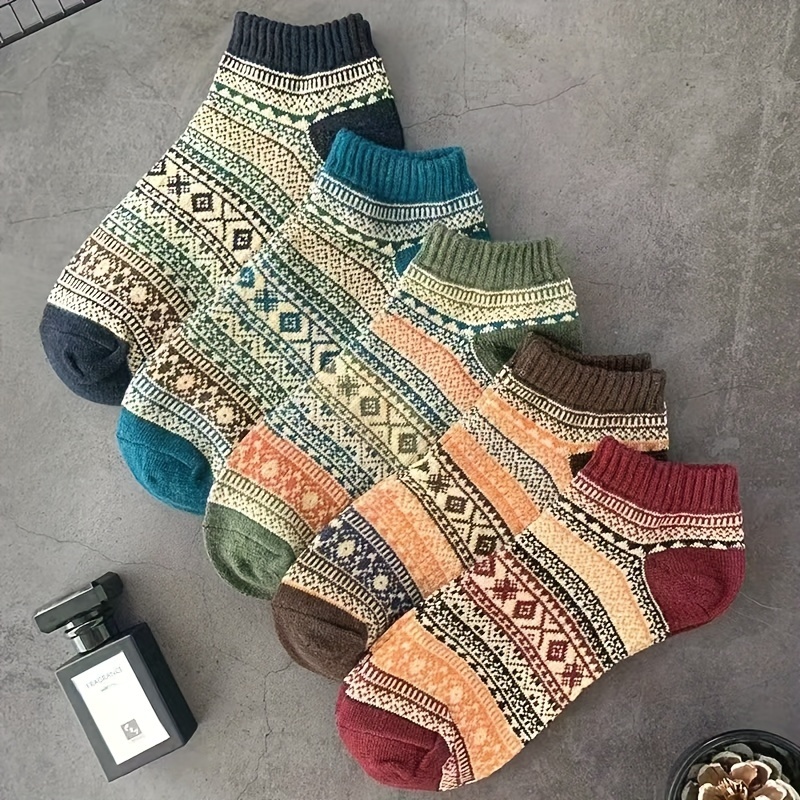 TEMU 5pcs Vintage Ethnic Print Ankle Socks For Women - Soft & Spandex Blend, Washable