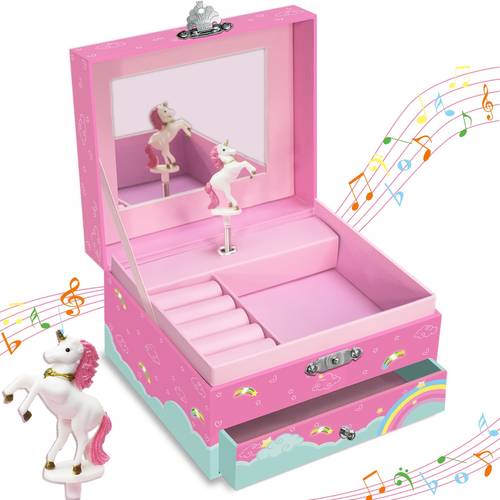 de joyería mágica de unicornio para niñas y mujeres con cajón - diseño de unicornio rosa bailarín, estuche de papel pintado para aretes, collares, pulseras | regalos de y navidad con tema de unicornio, cofres de joyería