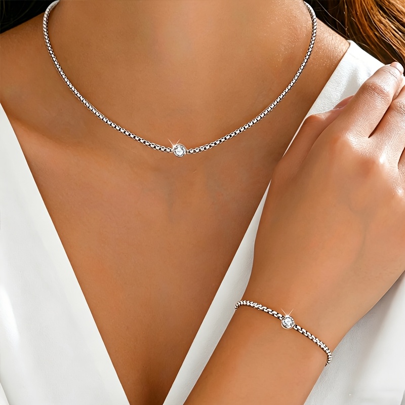Image of 2pcs Luxury Stainless Steel Necklace, Bracelet Women's Jewelry Set, Creative Round Synthetic, Shiny Temperament For Party, Valentine's Day, Prom, Daily Wear Jewelry