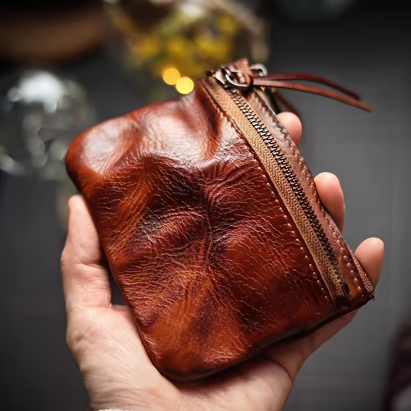

1pc Retro Top Layer Cowhide Card Holder, Double Zipper Coin Purse, Genuine Leather Distressed Small Wallet
