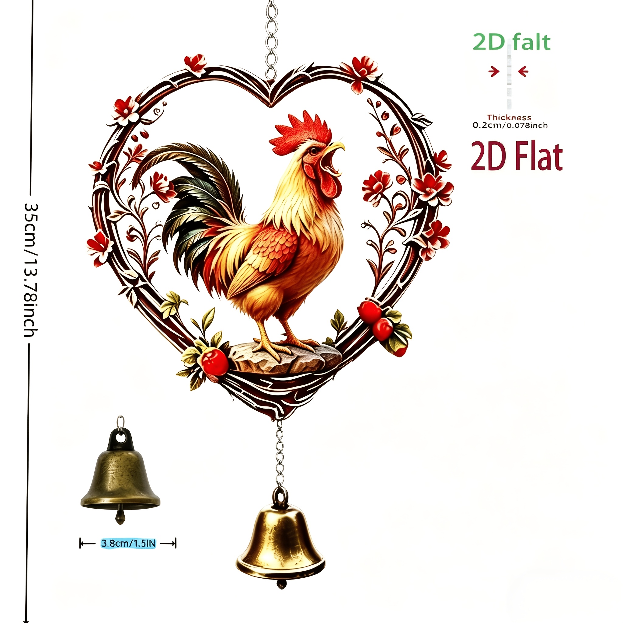 TEMU Carillon à Vent Coq Vintage avec Pendentif en Lierre de Fleurs Rouges de Cœur - Décoration de Jardin Extérieur pour Porche, Balcon - Carillons à
