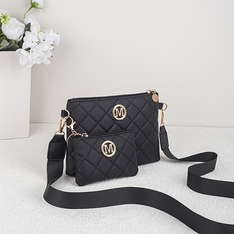 TEMU 2pcs Set Of Diamond Crossbody Bags For Women, Diamond Pattern Wide Shoulder Strap Bag And Detachable Mini Coin Purse, Fashionable M-brand