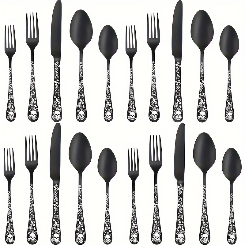 

20pc Gothic Stainless Steel Cutlery Set With And On The Cutlery, Mirror Polished, Suitable For People Who Love And Rock, Perfect For Christmas, , Day Of The Dead, And May 5th Celebrations