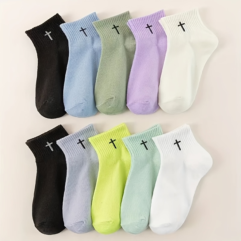 Image of 10 Pairs Of Unisex Short Socks With A Cross Pattern, Stylish, Versatile, And Comfortable