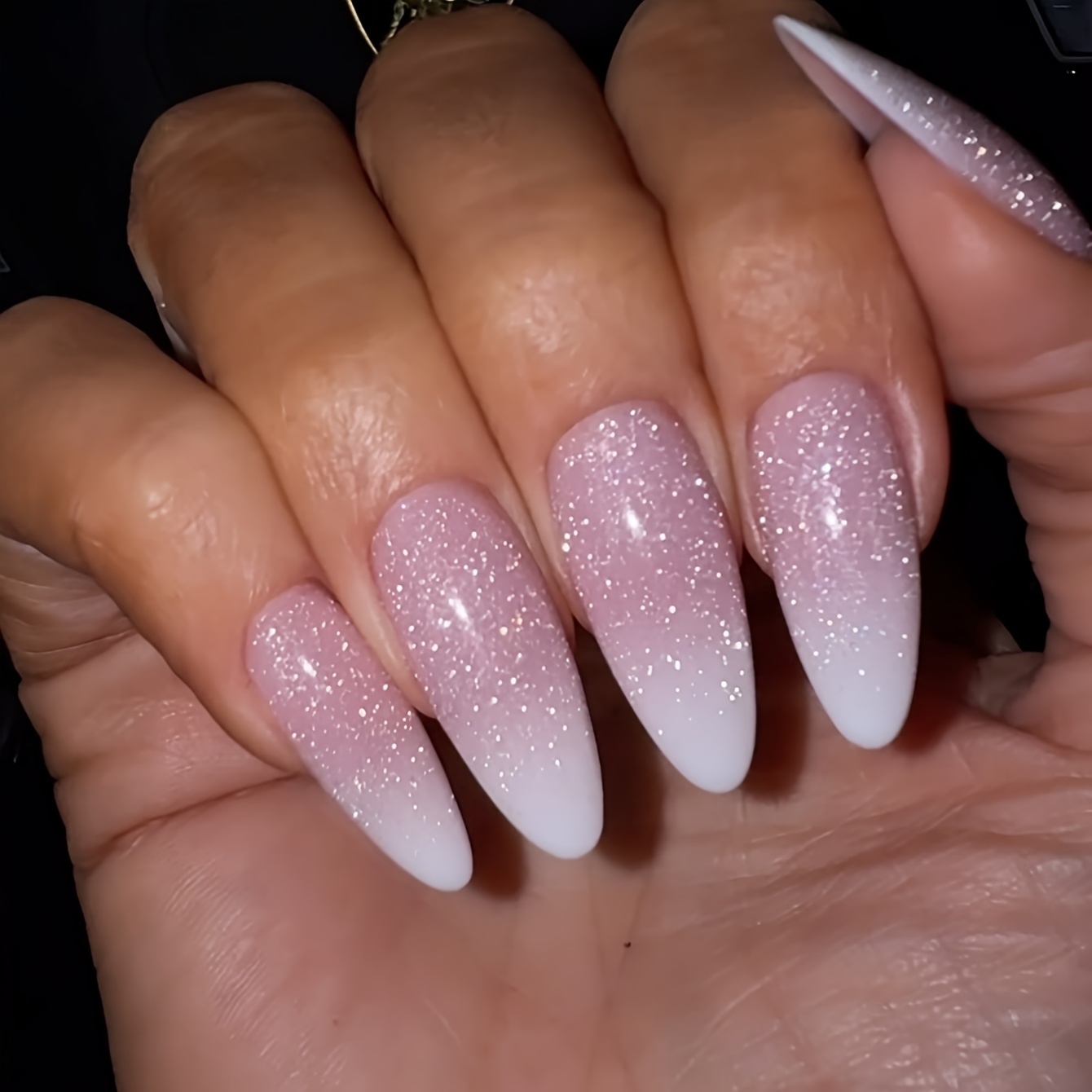 Upgrade Your Look With 24pcs Long Almond-shaped Press-on Nails In A Sweet European And . Pink Gradient Glitter False Nails Feature Of Colors And Are Detachable. Includes Jelly Glue And 1 Nail File