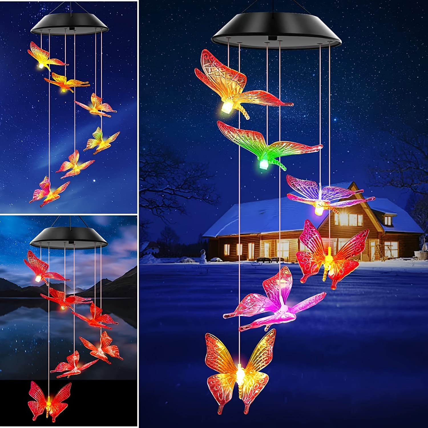 Luces de carrillón de viento con energía solar con diseños de mariposas moradas y amarillas, que incluyen iluminación LED exterior que cambia de color para fines decorativos de paisajismo. Estas lámparas solares de jardín y luces colgantes son regalos perfectos para madres y esposas.