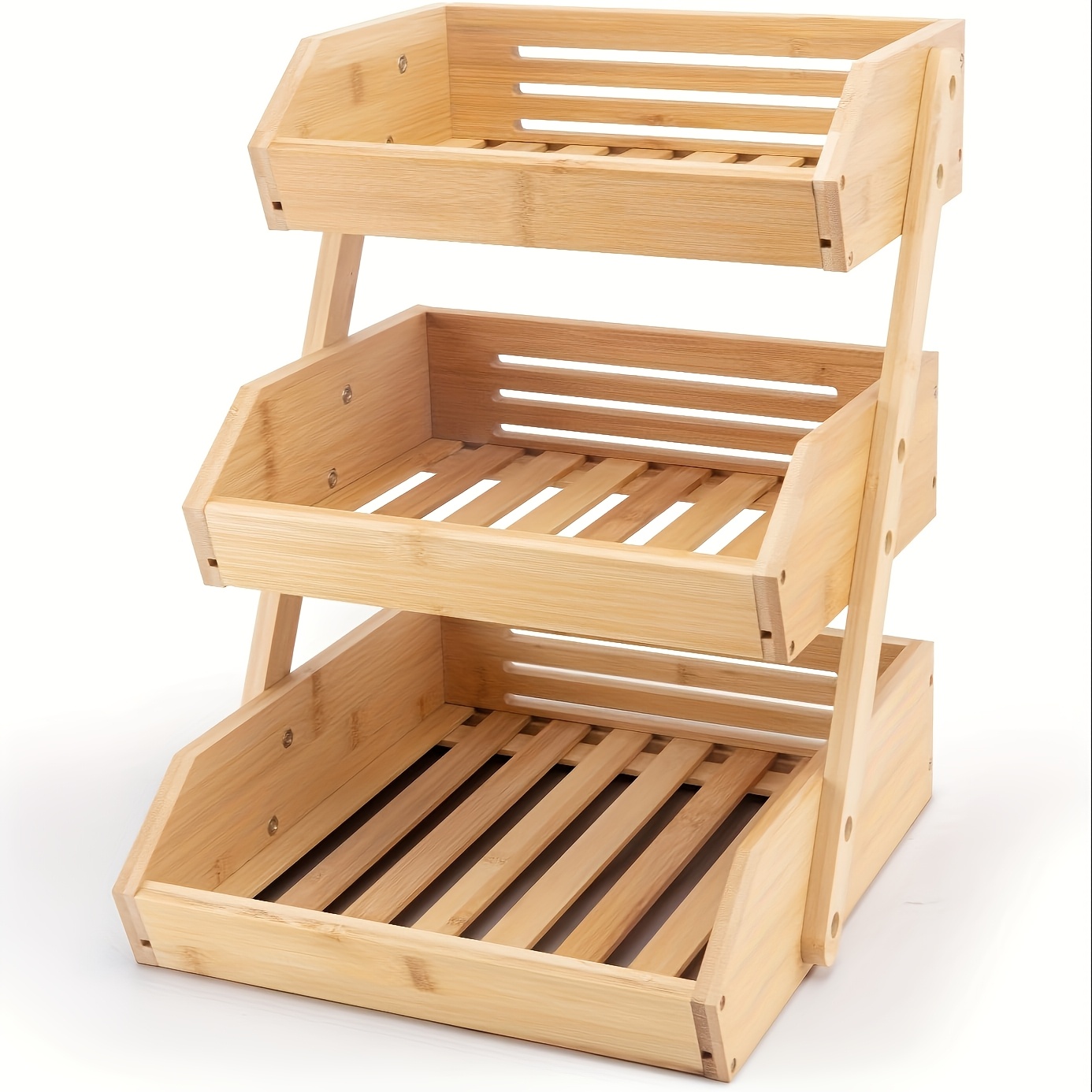TEMU Three-tier Or Double-tier Wooden Fruit Basket Rack - Large Capacity Thickened Countertop Storage Rack, Natural Wood Grain End, Open Sl