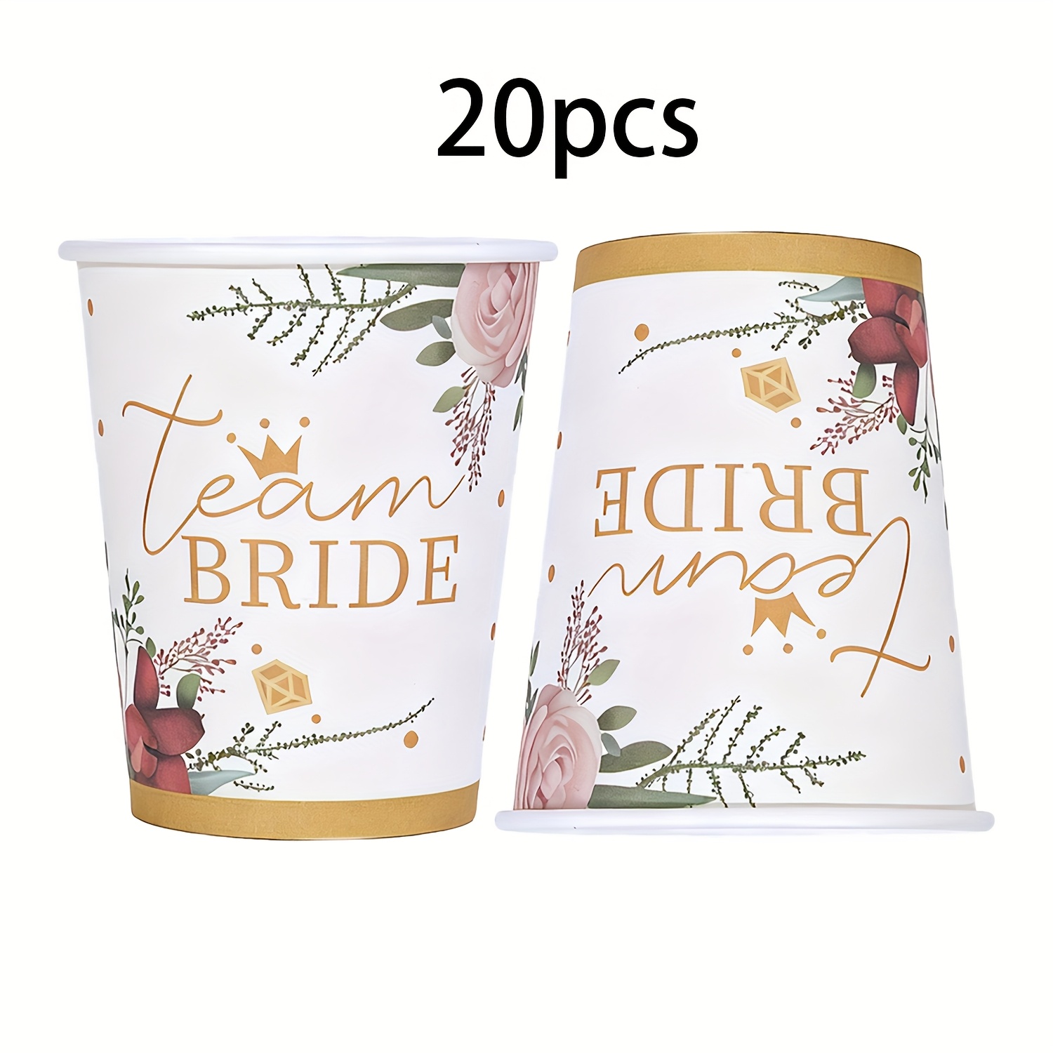 Image of 20pcs/40pcs/60pcs, Flower Wedding Party Disposable 9oz Paper Cups, Floral Hen Party Bride To Be Paper Cups, Golden Bridal Shower Party Decorations, Bachelorette, Engaged, Bridal Shower