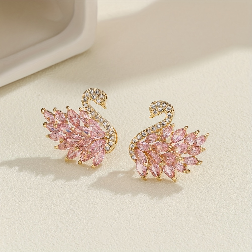 TEMU 1 Pair Swan Earrings, Copper With Synthetic Zirconia, December Birthstone, Animal Theme, Luxury Gift For Christmas & , All