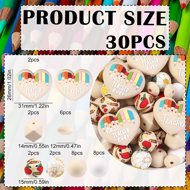TEMU 30pcs Cute 3d Colored Pencil Teacher Silicone Beads - Silicone Beads, , Beads For Jewelry Making, Bracelets, Lanyards, Beads Pen Additions,