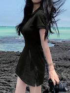 womens navy blue casual collar dress short sleeve button up a line mini skirt spring machine washable beach attire smooth texture fabric