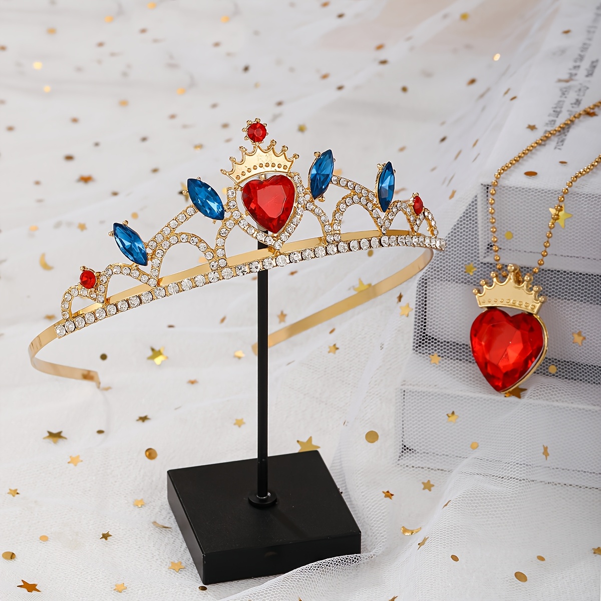 TEMU 2pcs Cute Crown Necklace Set, Performance Crown Headpiece, Alloy Rhinestone Headband Hair Accessory, Birthday Gift, Includes Pendant And Crown