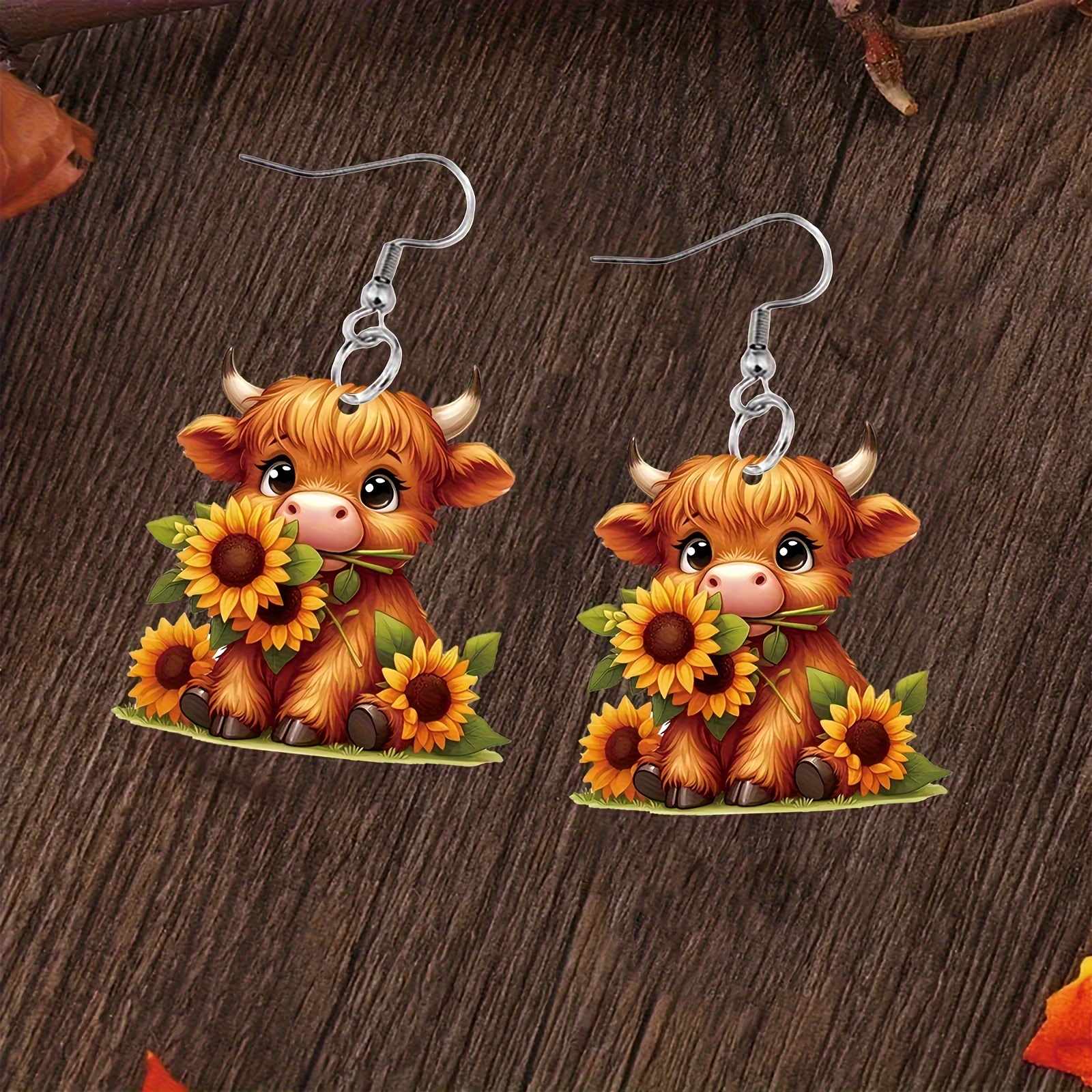 

1 Pair Cute Cow Sunflower Decor Dangle Earrings Cartoon Party Style Acrylic Jewelry Earrings, Perfect For Women And Girls