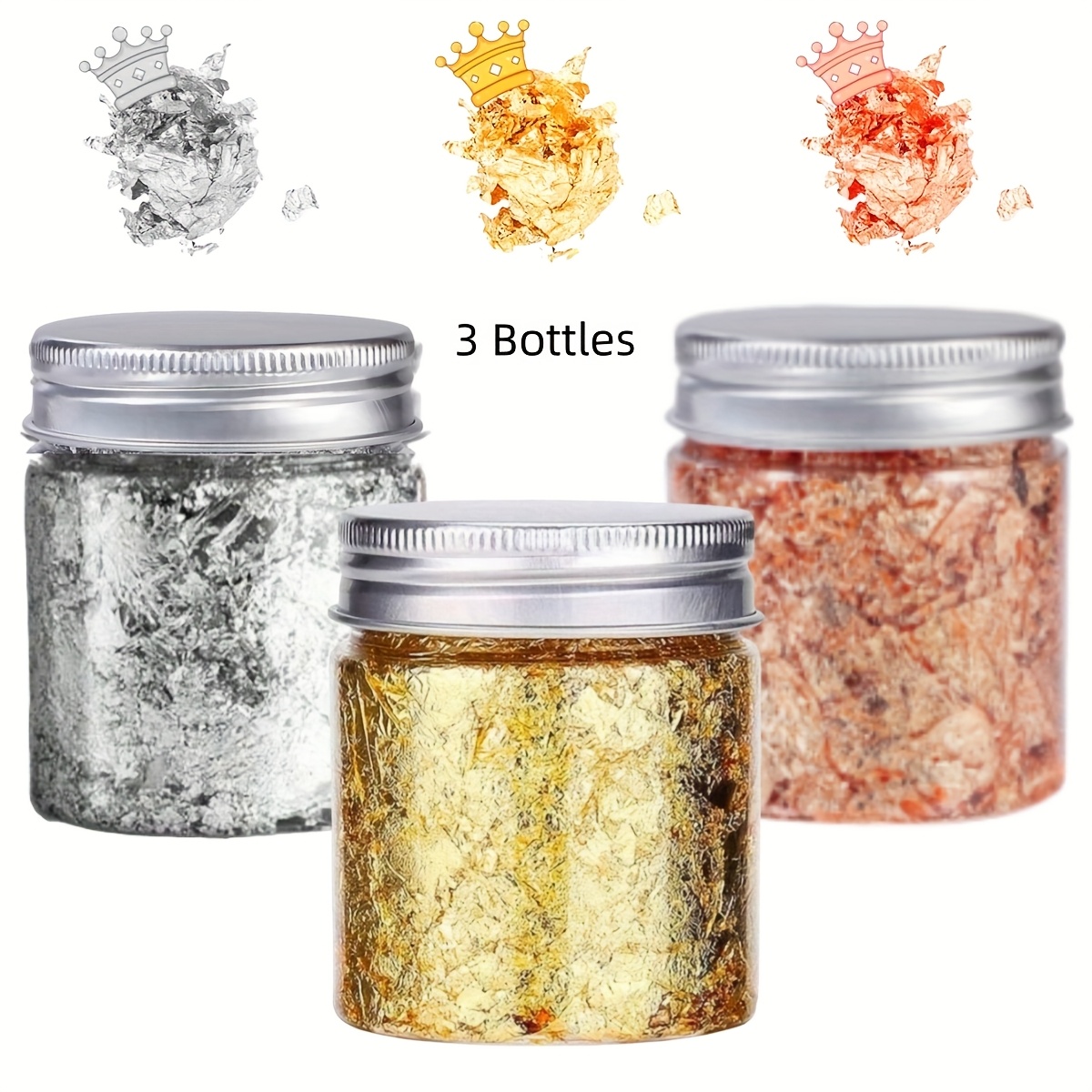 3 Bottles Flakes Metallic Leaf For Nail Art, Painting, Crafts And Resin Jewelry Making(golden, Silvery And Rose Golden Colors-5 Grams Per Bottle)