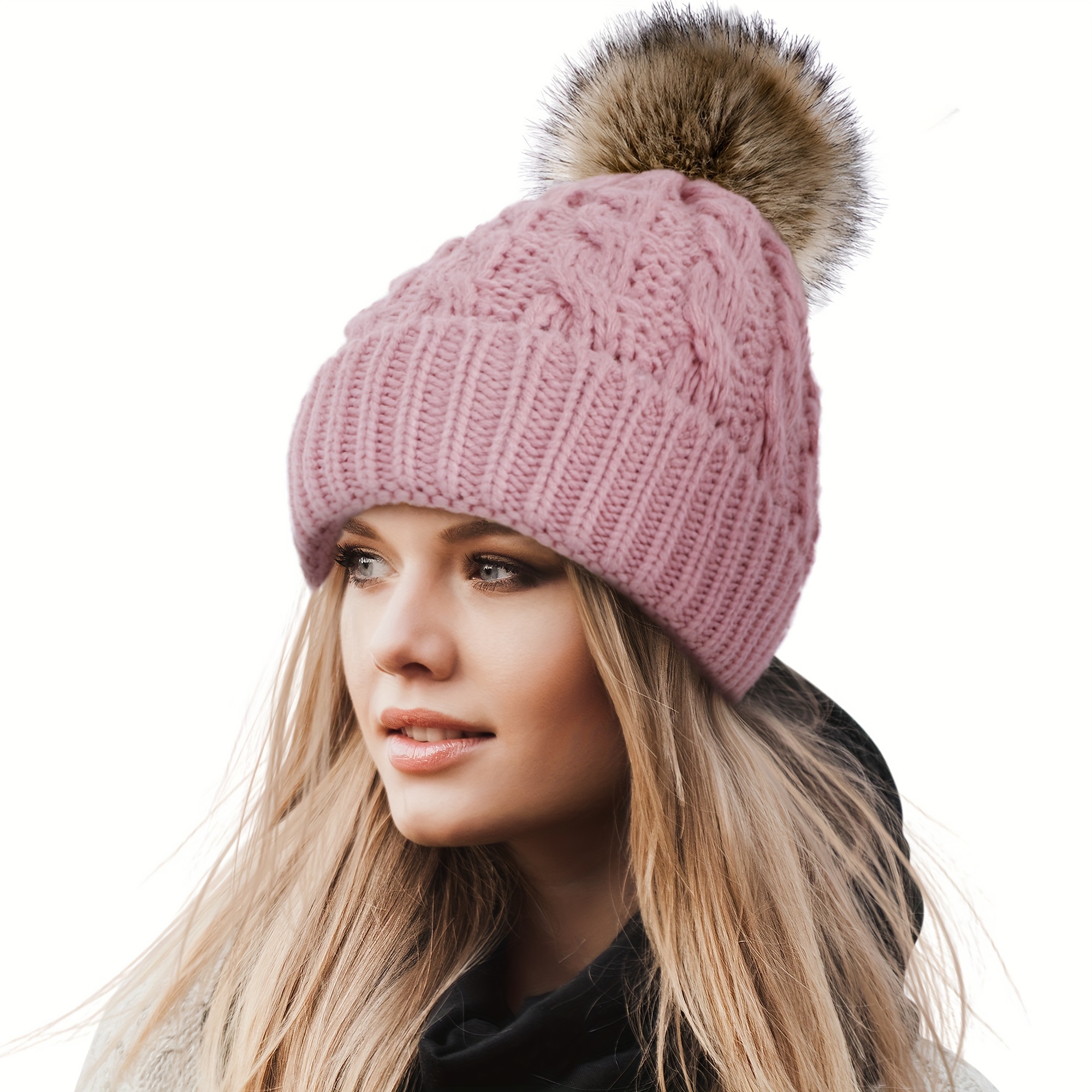 womens winter soft knit beanie hat faux fur pom pom warm - Temu