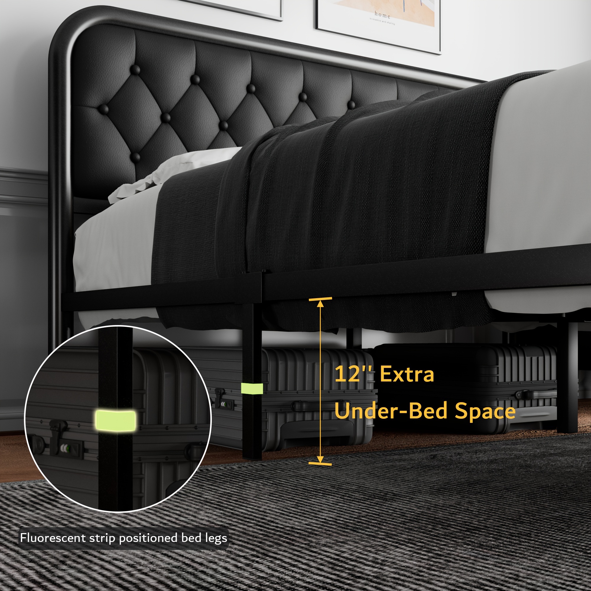 Metal Bed Frame, Platform Bed Frame with Faux Leather Headboard, Heavy-Duty Thicker Metal Steel Slats Support, 12'' Under-Bed Space, Easy Assembly - Image 2