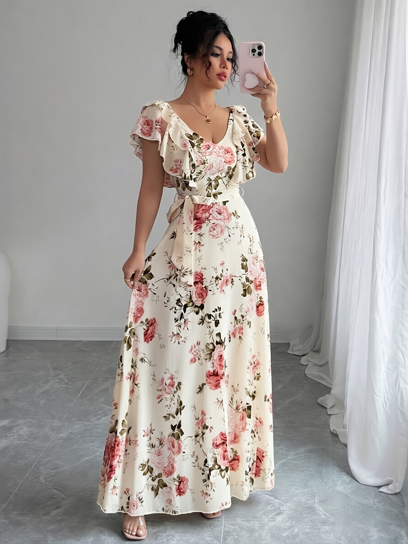 dresses with high waist Graceful Asymmetric A-Line Pleated Empire Waist Chiffon Dresses V Neck main image 1