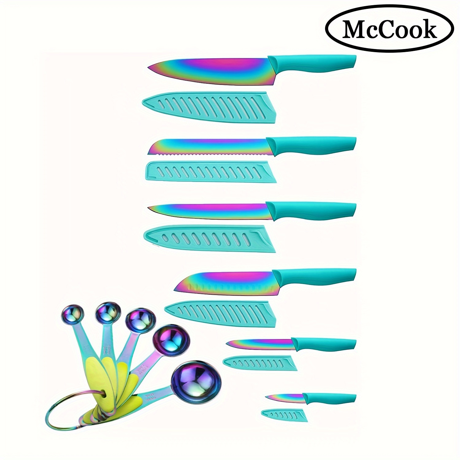 

6pcs Knife Set, Mccook Tea37b Rainbow Titanium Stainless Steel Kitchen Knives Set With 6pcs Sheath, Colorful Spoons