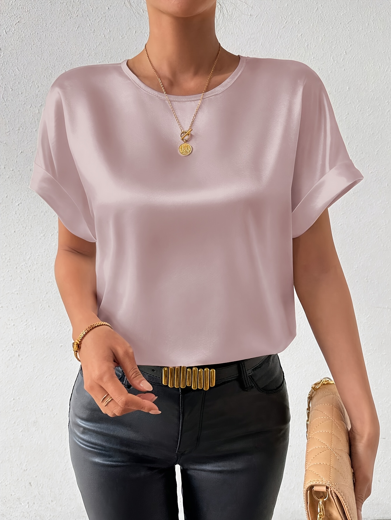 Women's Batwing Short Sleeve Round Neck Blouse - Elegant Solid Color Non-See-Through Shirt, Machine Washable Lightweight Top for Spring Summer Fall, Versatile Casual & Formal Wear, Seasonal Fashion, Flowing Silhouette, Smooth Texture