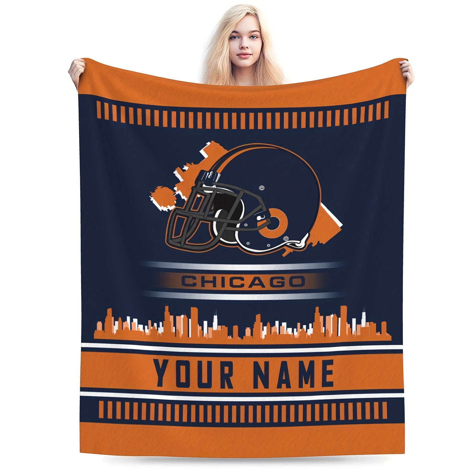 

Customizable Chicago-themed Sports Fan Blanket With Personalized Name, Knit Polyester Bedding Throw, , No Power Needed, Rectangular Shape