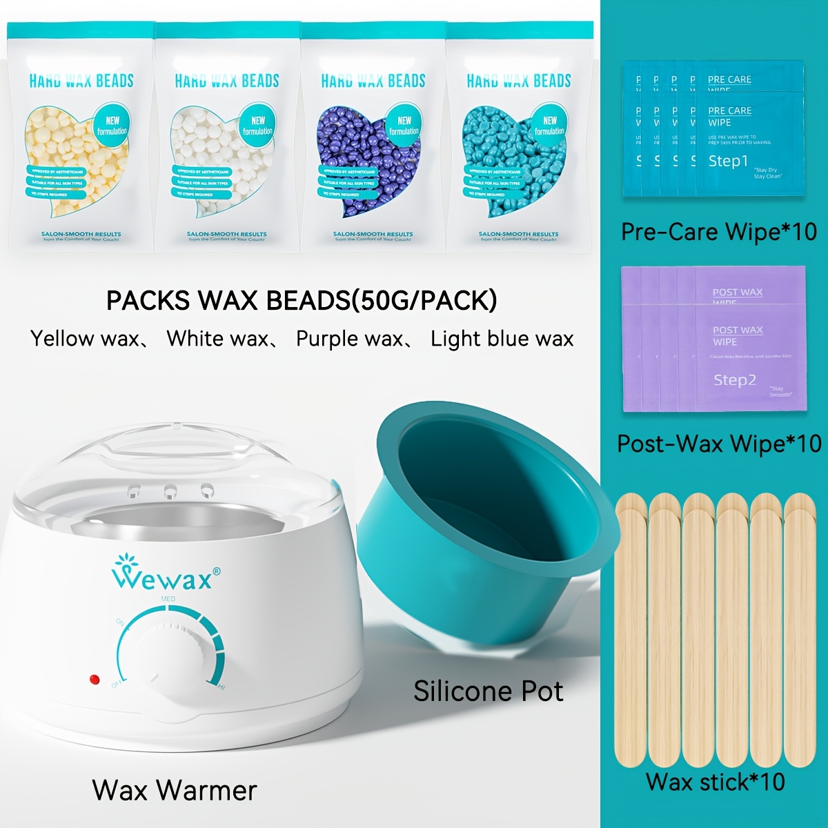 Image of Wewax Waxing Hair Removal Kit, Body Hair Removal Tool Home Use For Men And Women, Includes 1 Wax Machine, 1 Pot, 4packs 50g Wax Beans, 10 Applicator Sticks For Underarms Bikini Line Whole Body, White