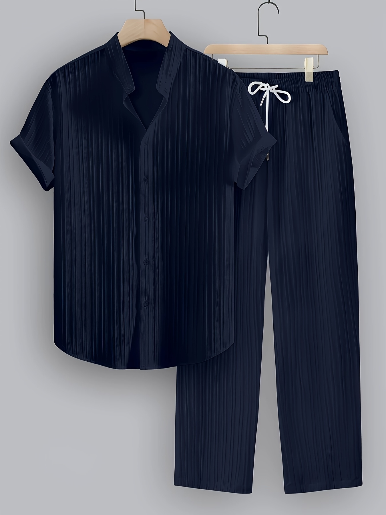 Men's Summer Set with 2 Color Options. Polyester Striped Casual Set - Short Sleeve Lapel Shirt and Drawstring Pants, Non-Stretch Fabric, Regular Fit for Daily and Beach Wear, Beachwear | Casual Summer Wear | 1pc Short Sleeve Shirt + Long Pants Set.