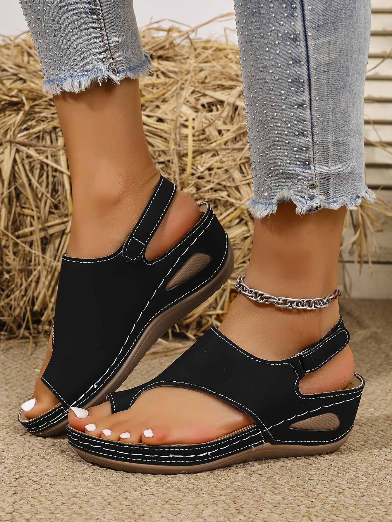 womens fashionable white wedge sandals with strap comfortable soft lightweight slip on shoes high heel hook and loop closure   summer casual footwear stylish wedge sandals comfortable footwear Product details 7