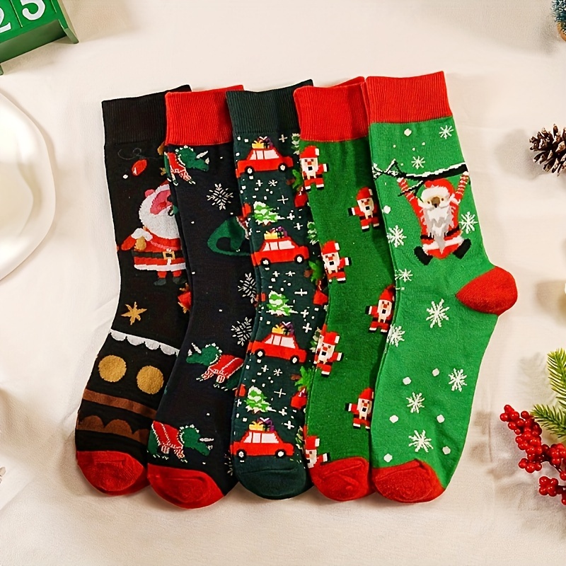 Image of 5 Pairs Of Autumn/winter Warm, Moisture-wicking, Simple Christmas Santa-style Men's Knee-high Socks, A Christmas Gift For