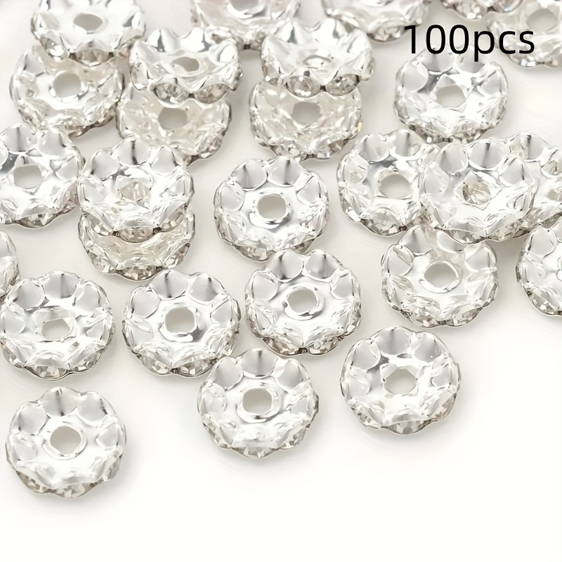 Image of 100/50pcs Alloy White Rhinestone Beads 8/12mm Round Alloy Rondelle Spacer Beads Jewelry Making Bracelet Necklace Pen Additions