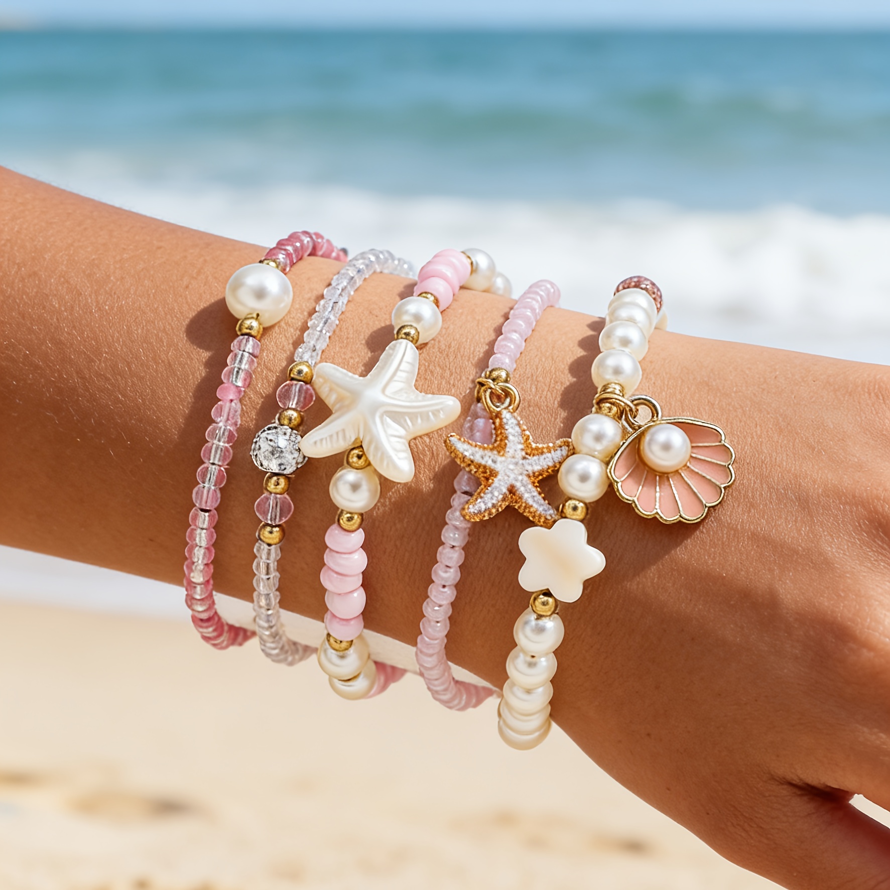 Image of 5pcs Glass Seed Bead & Bracelet Setwith Water-drop Rhinestones, Artificial Starfish & Scallopvacation Style, Elegant & All-match Gift Bracelets