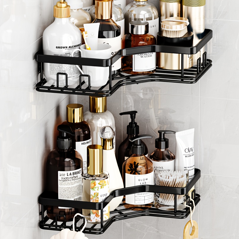 2pcs Shower Caddy Bathroom Organizer, Wall Mounted Storage Basket With Hooks, Bathroom Corner Shelf, Wall Hanging Bathroom Storage Rack, Bathroom Additions