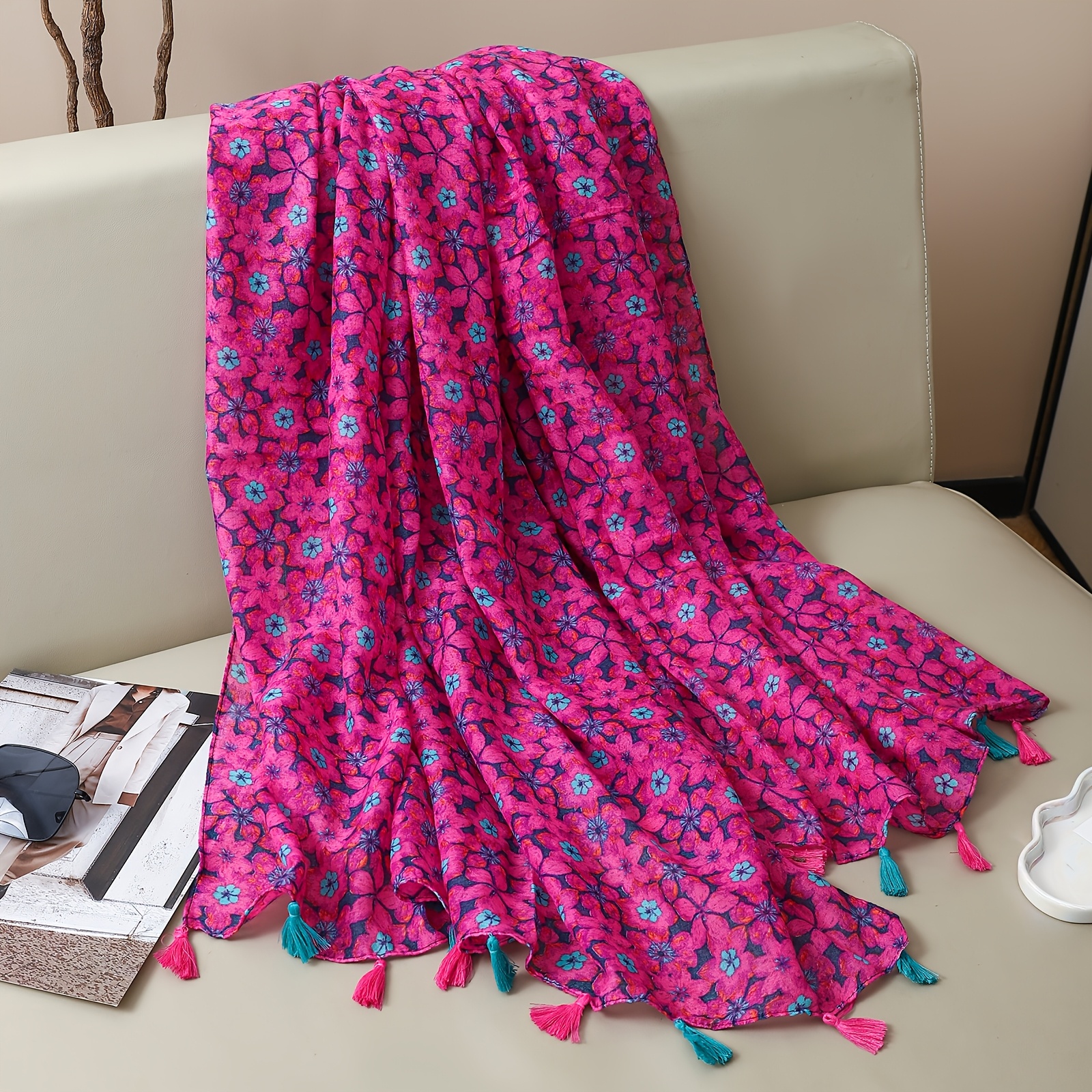 1 Spring And Autumn Rose Red Small Flower Retro Women's Scarf, Printed Splicing Scarf, Multi Functional Tassel Long Scarf