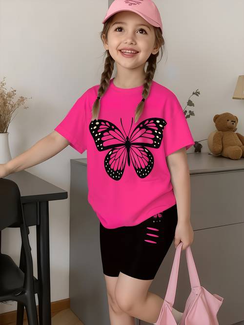 poza articolului set de tricou și pantaloni scurți de vară pentru fete, top cu mânecă scurtă și imprimeu cu de desene , perfect pentru îmbrăcăminte casual de stradă, cadou pentru copii, stil și cool, ținută de vacanță și de agrement pentru ieșiri, respirabil și confortabil, îmbrăcăminte pentru