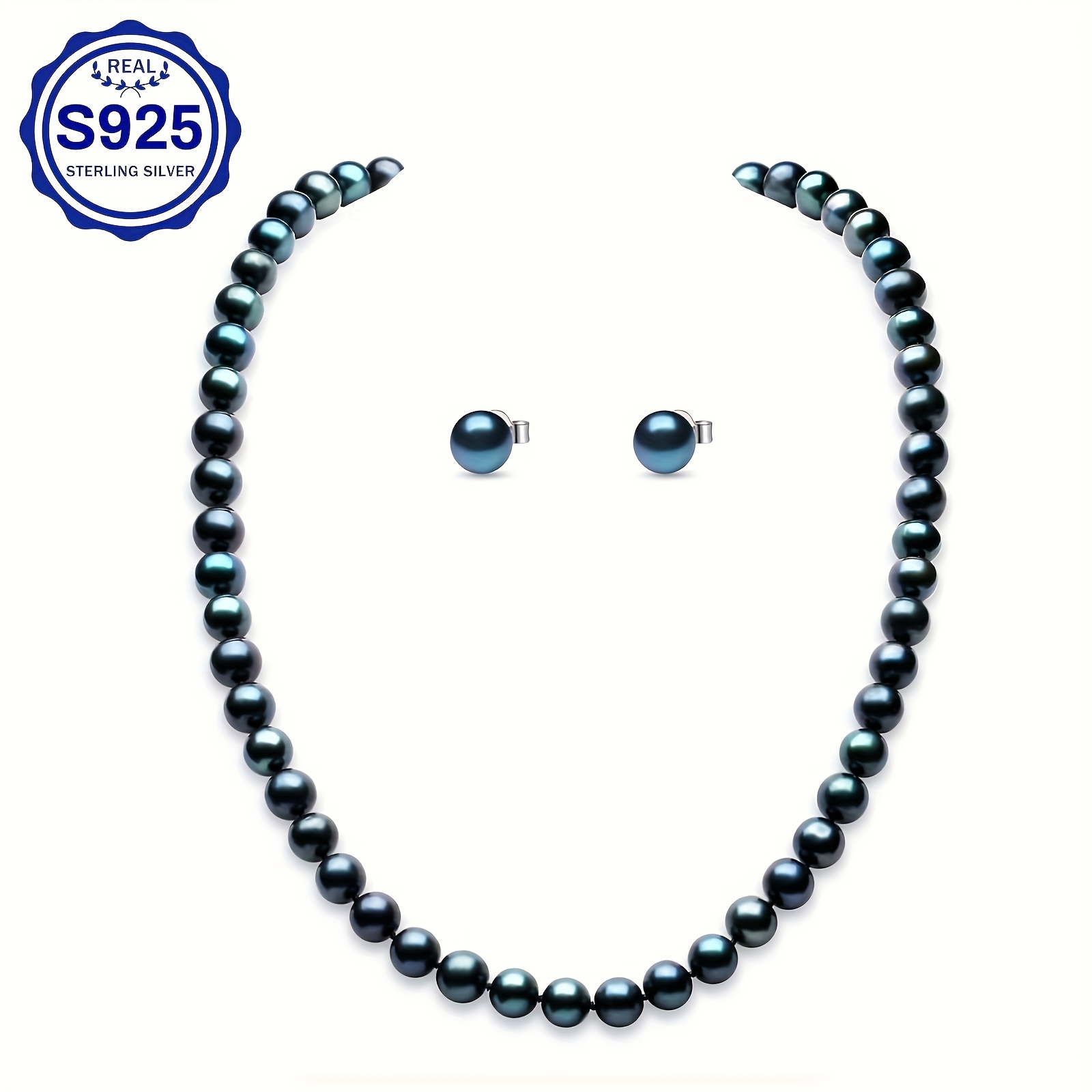 Light Luxury Set: 925 Necklace + Stud Earrings | 8.5-9mm Perfectly Round Beads | Secure Design | 40+5cm Adjustable | Total Product Weight (53.38g)