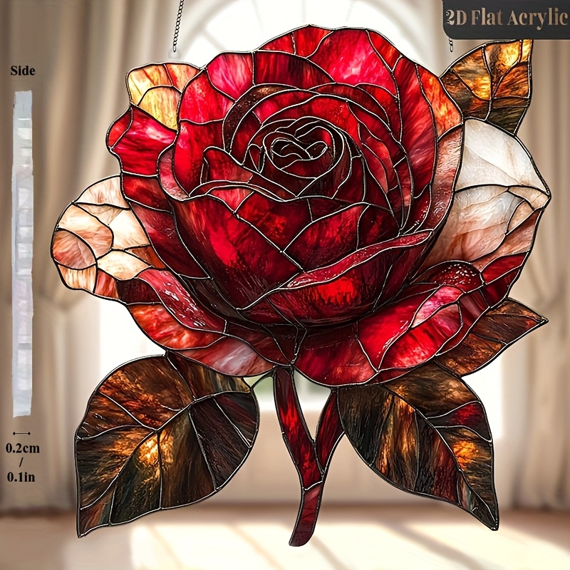 TEMU 2d Flat Valentine's Day Red Rose Suncatcher - Acrylic Floral Window Hanging Decor, Theme Decor For Living Room, Bedroom, Study - Gift For Flower