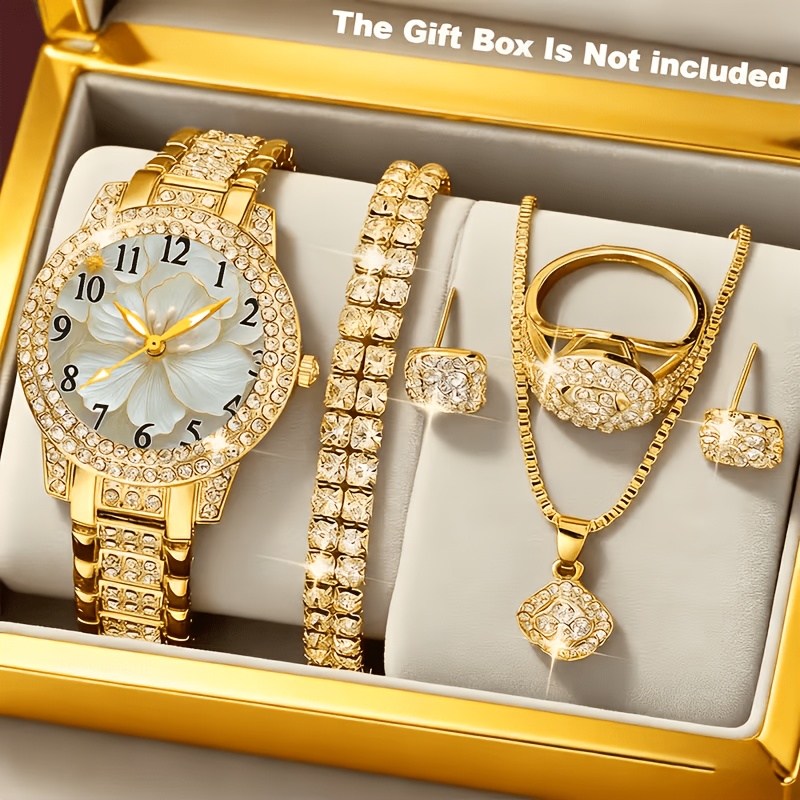 Image of 7pcs Women's Quartz Watch. Decorative Dial Fashion Wristwatch. With Bracelet, Necklace, Ring And Earrings Set. Suitable As Birthday Gifts And For Parties. Suitable For Ladies And Students.