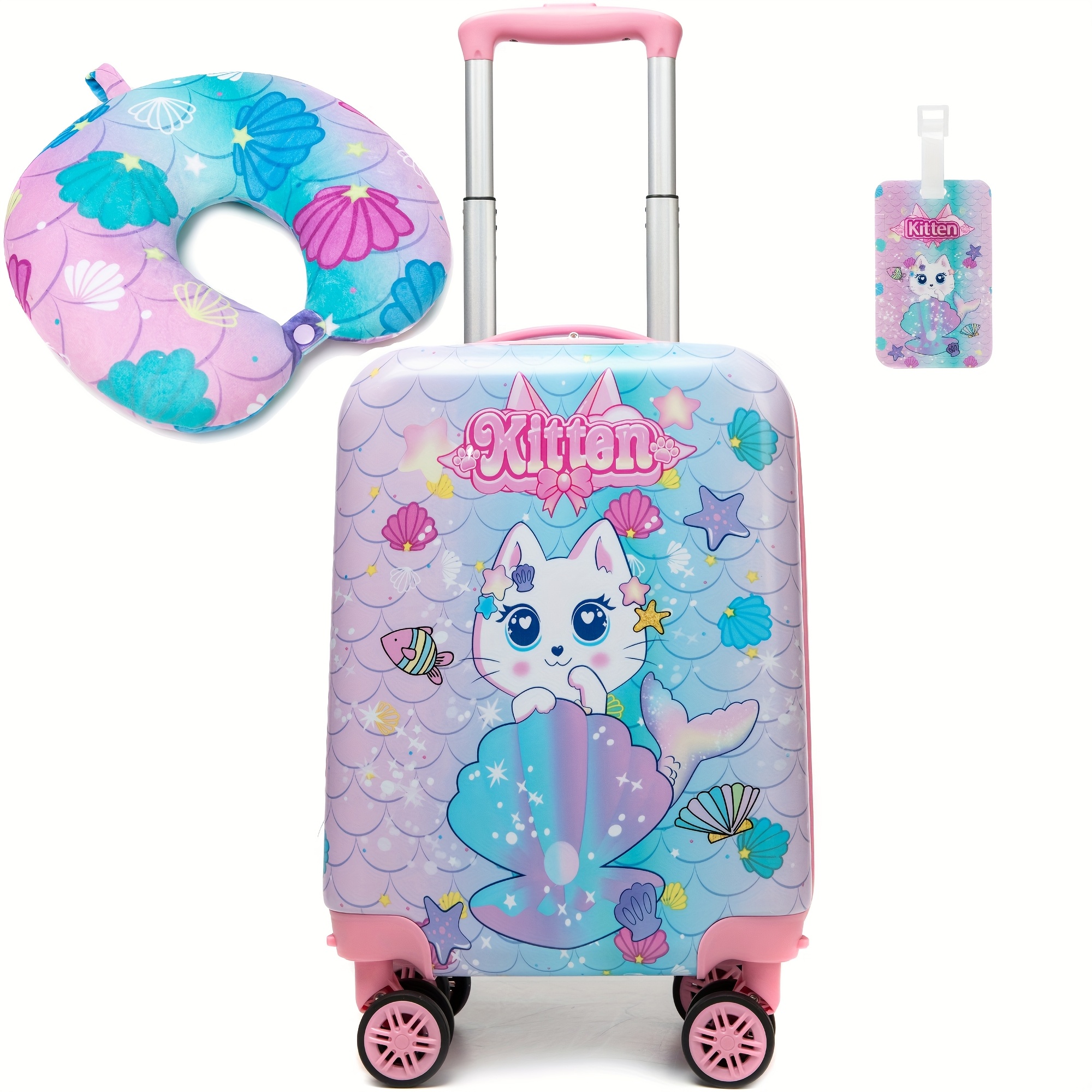 2pcs Cat Series Luggage Set For Girls Wheeled Suitcase Rolling Case With Comfy Neck Pillow For School Trips Family Vacations Back To School Gift