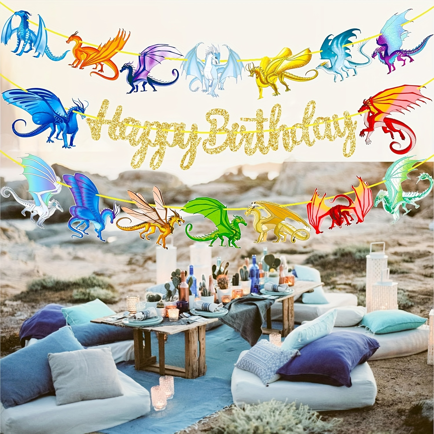 Image of 1 Set Dragon Birthday Party Banner, Golden Happy Birthday Dragon Party Banner, Dragon Themed Birthday Party Hanging Decoration, Fantasy Party, Dragon Theme